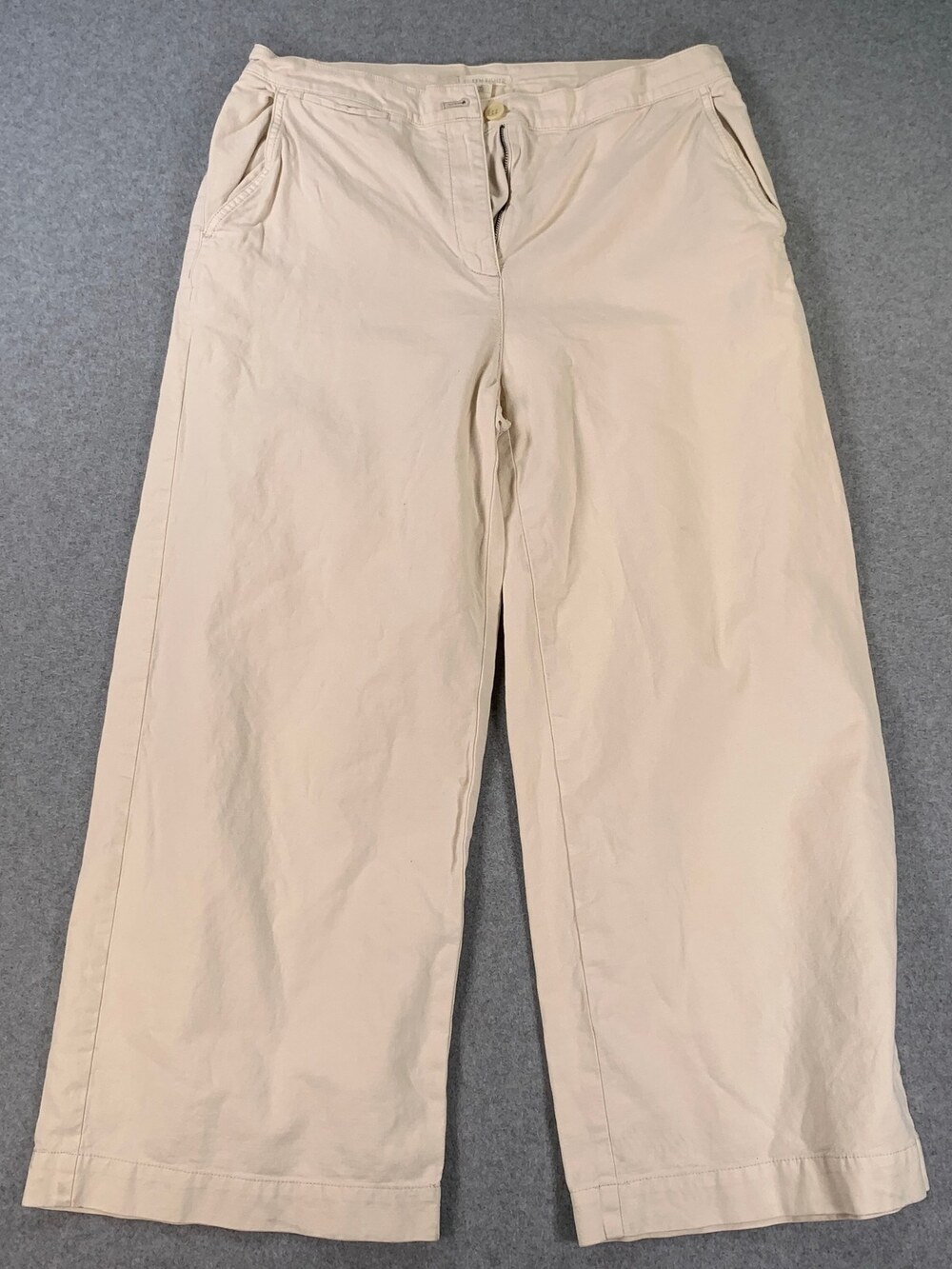 Eileen Fisher Wide-Leg Cropped Trouser Pant Khaki Beige Cotton Women's Size 10